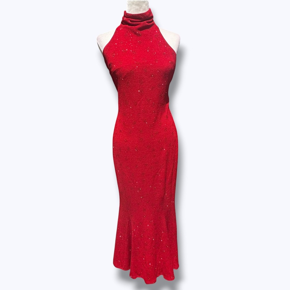 Jessica McClintock Sparkly Red Gown Backless Mermaid Formal Dress Y2K Prom 10